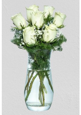 Cam Vazoda Beyaz Güller 7 Adet